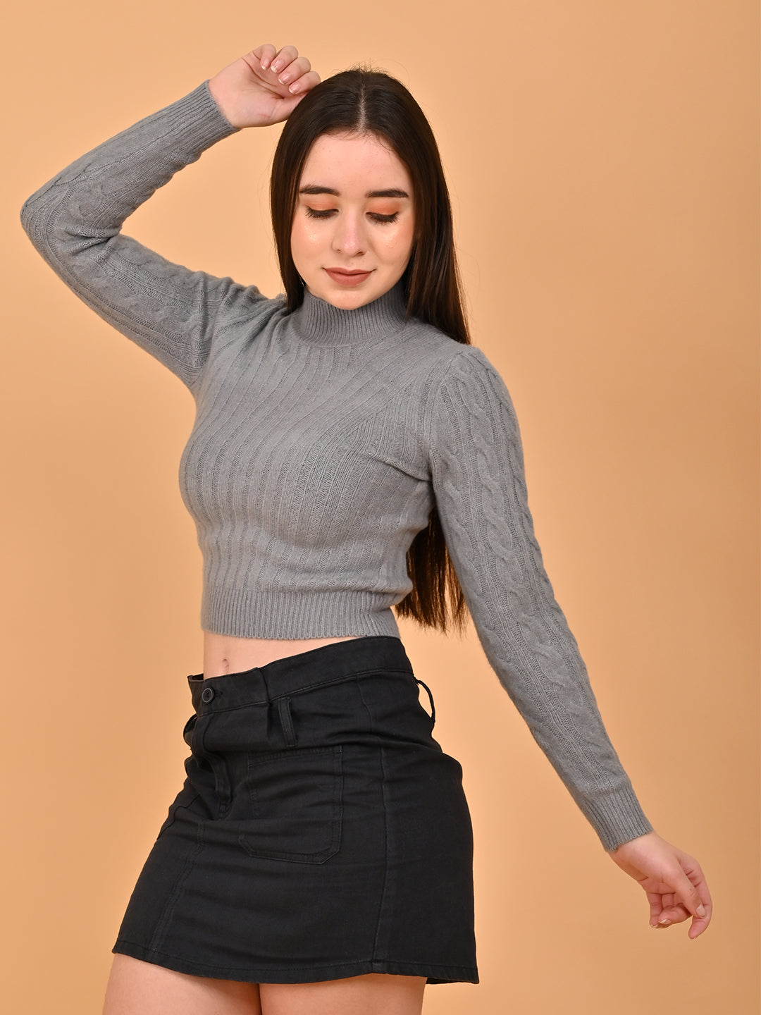 Women Grey Cropped High Neck Sweater