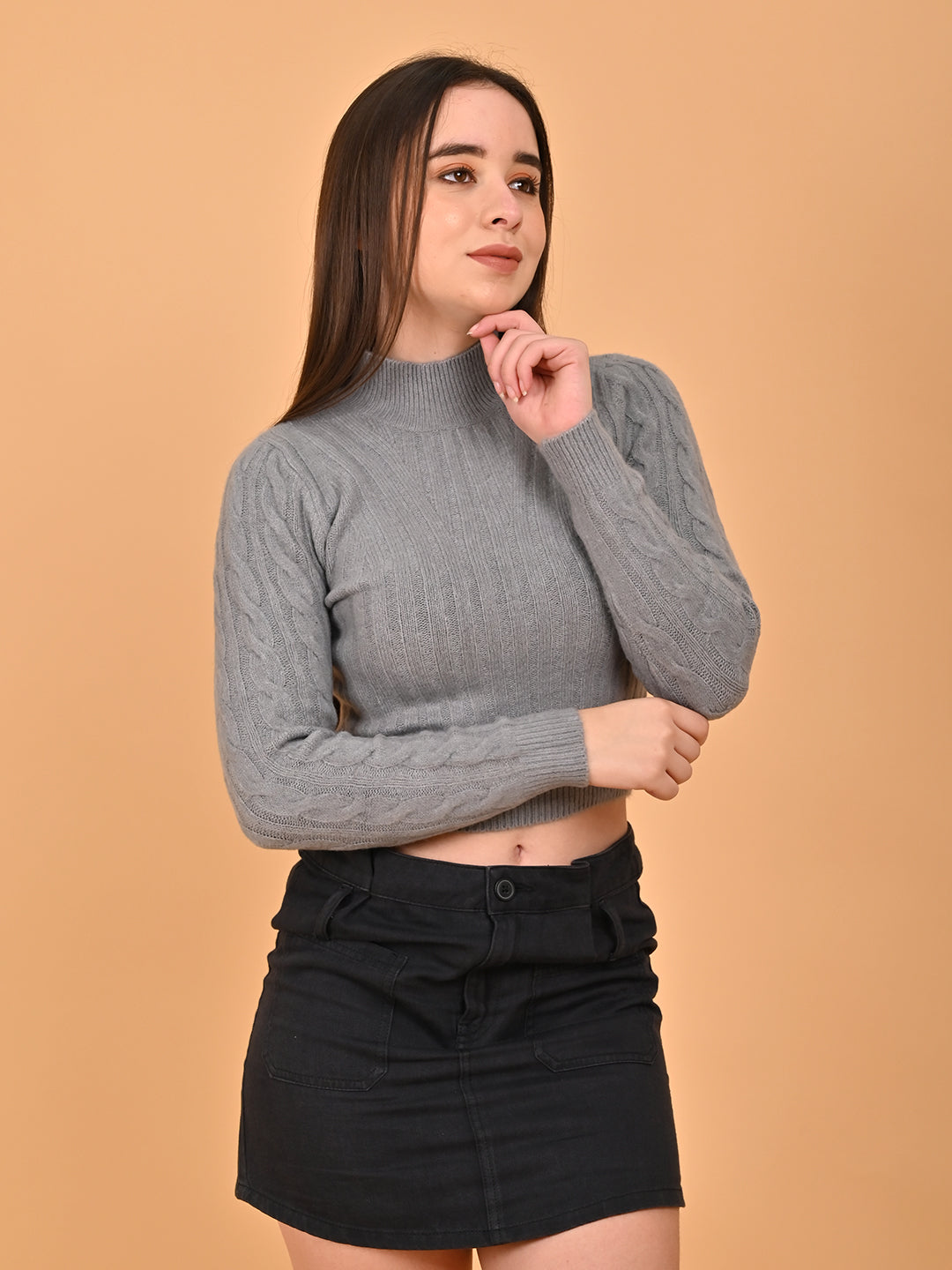 Women Grey Cropped High Neck Sweater