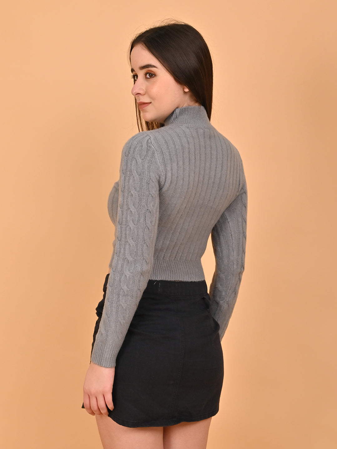 Women Grey Cropped High Neck Sweater