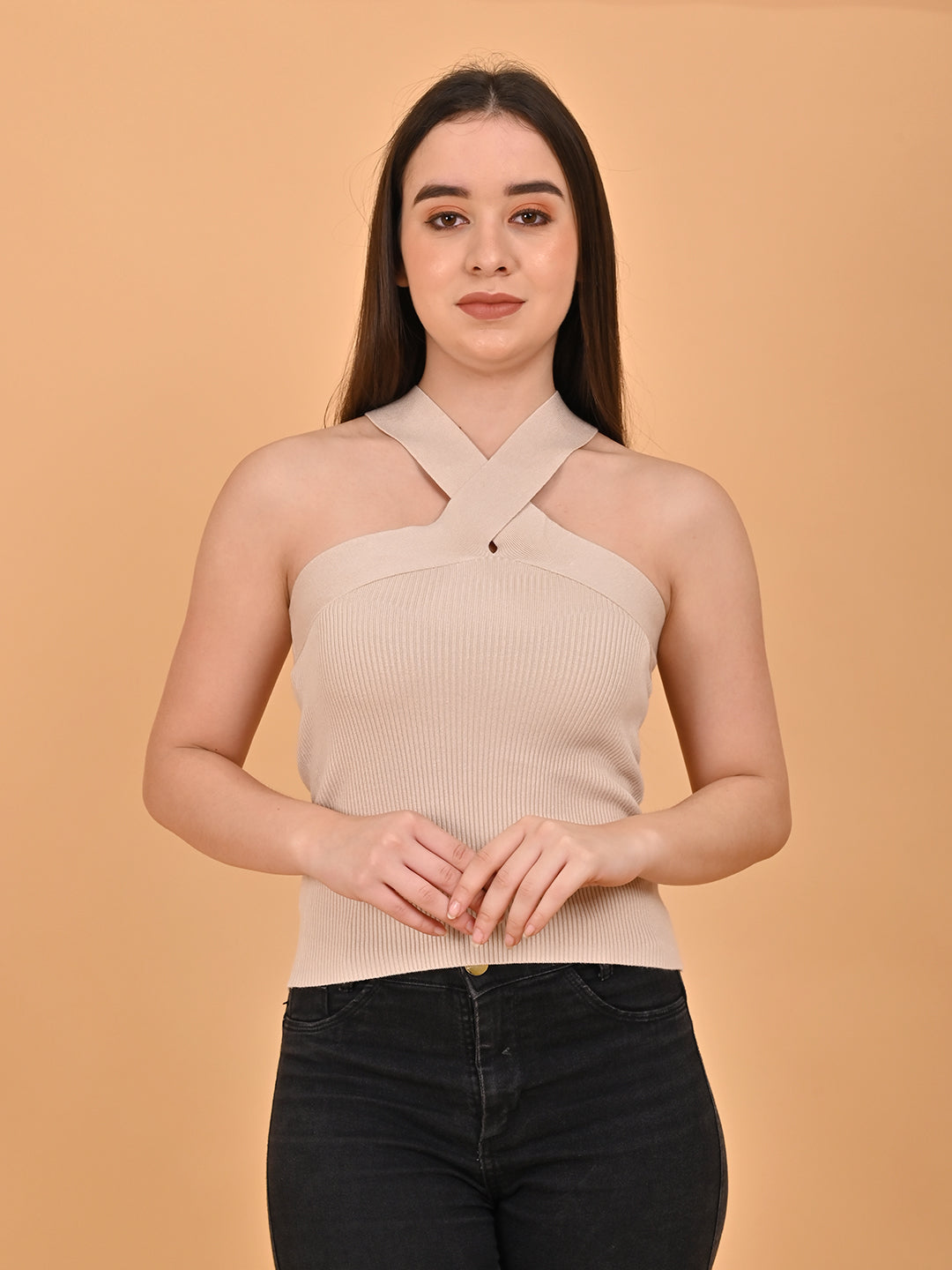 Women Beige Halter Neck Crop Top