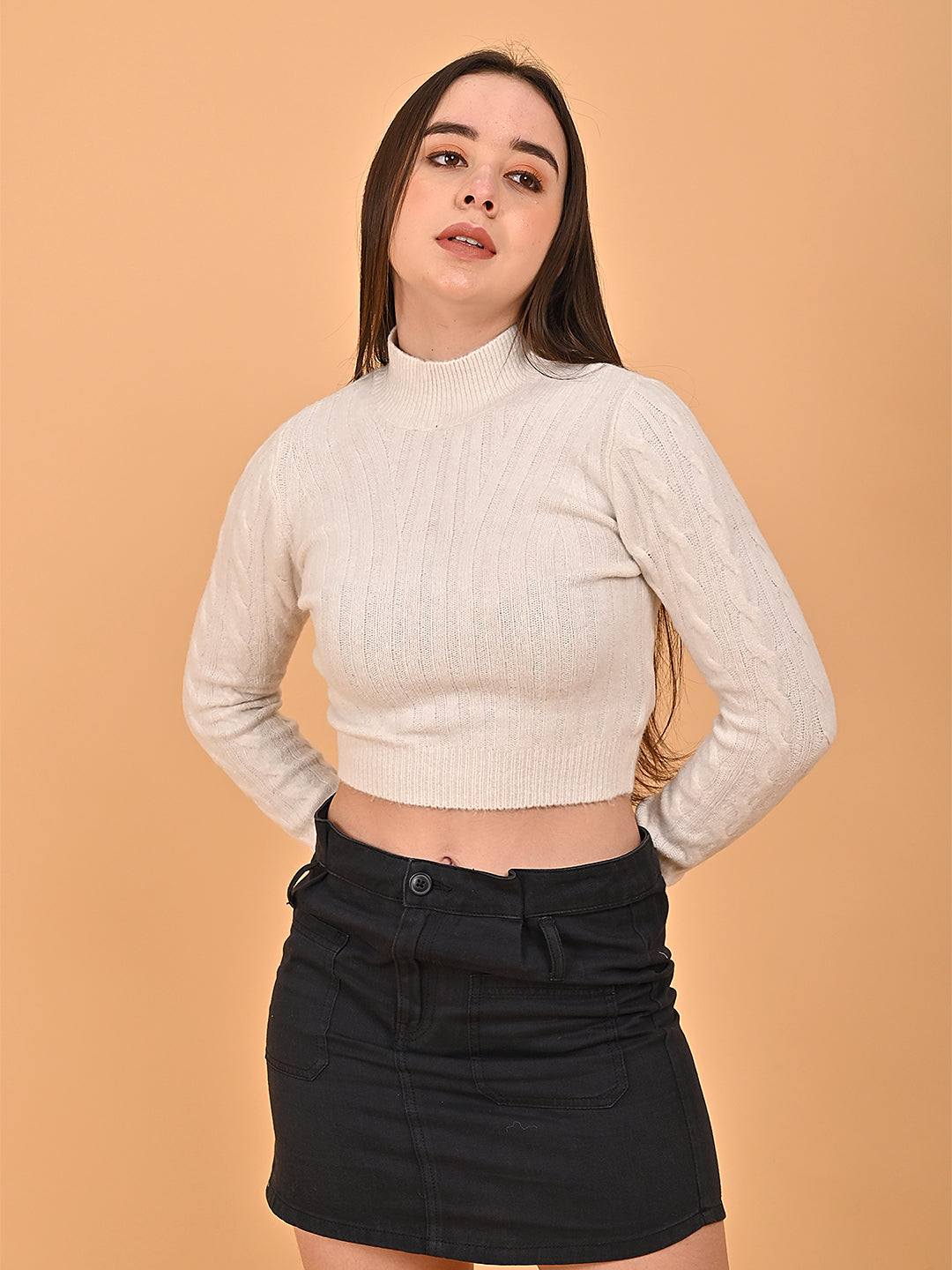 Women White Cropped Turtleneck Sweater