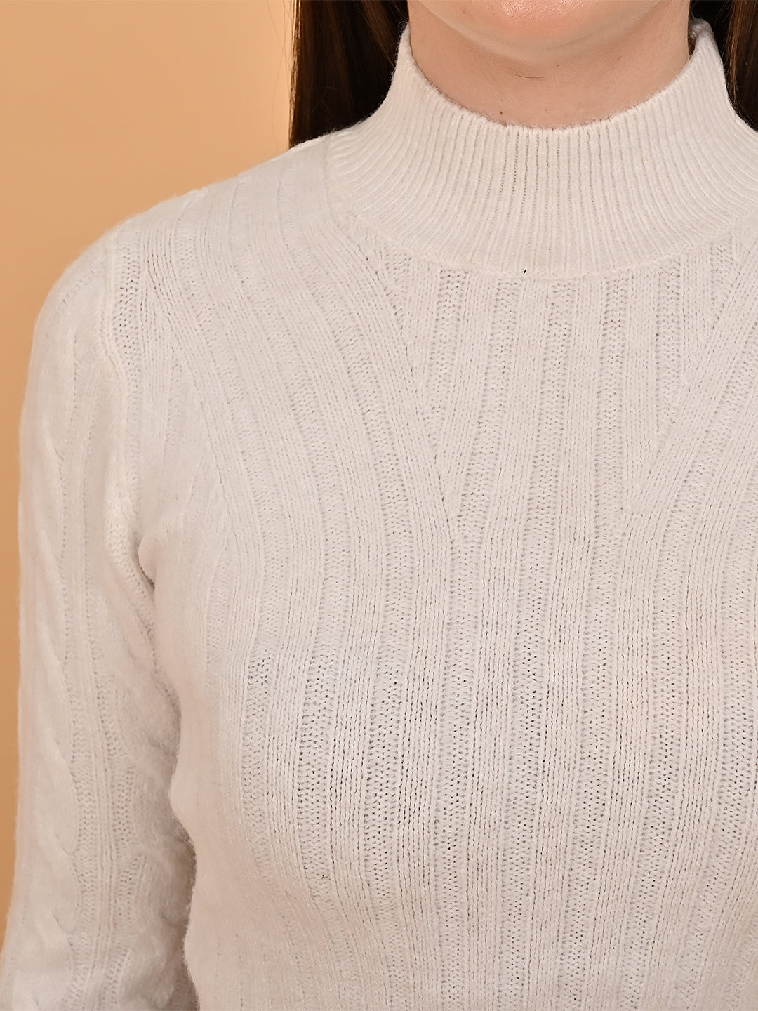 Women White Cropped Turtleneck Sweater