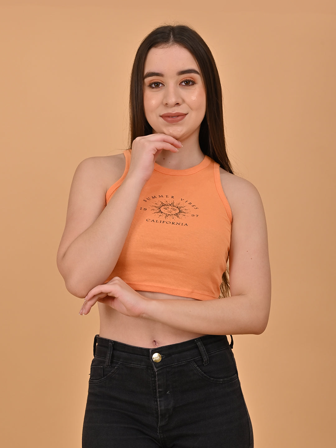 Women Orange Scoop Neck Tank