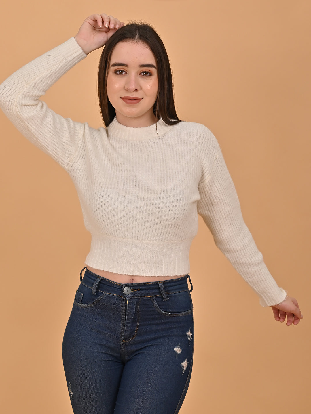 Women White Cropped Turtleneck Sweater