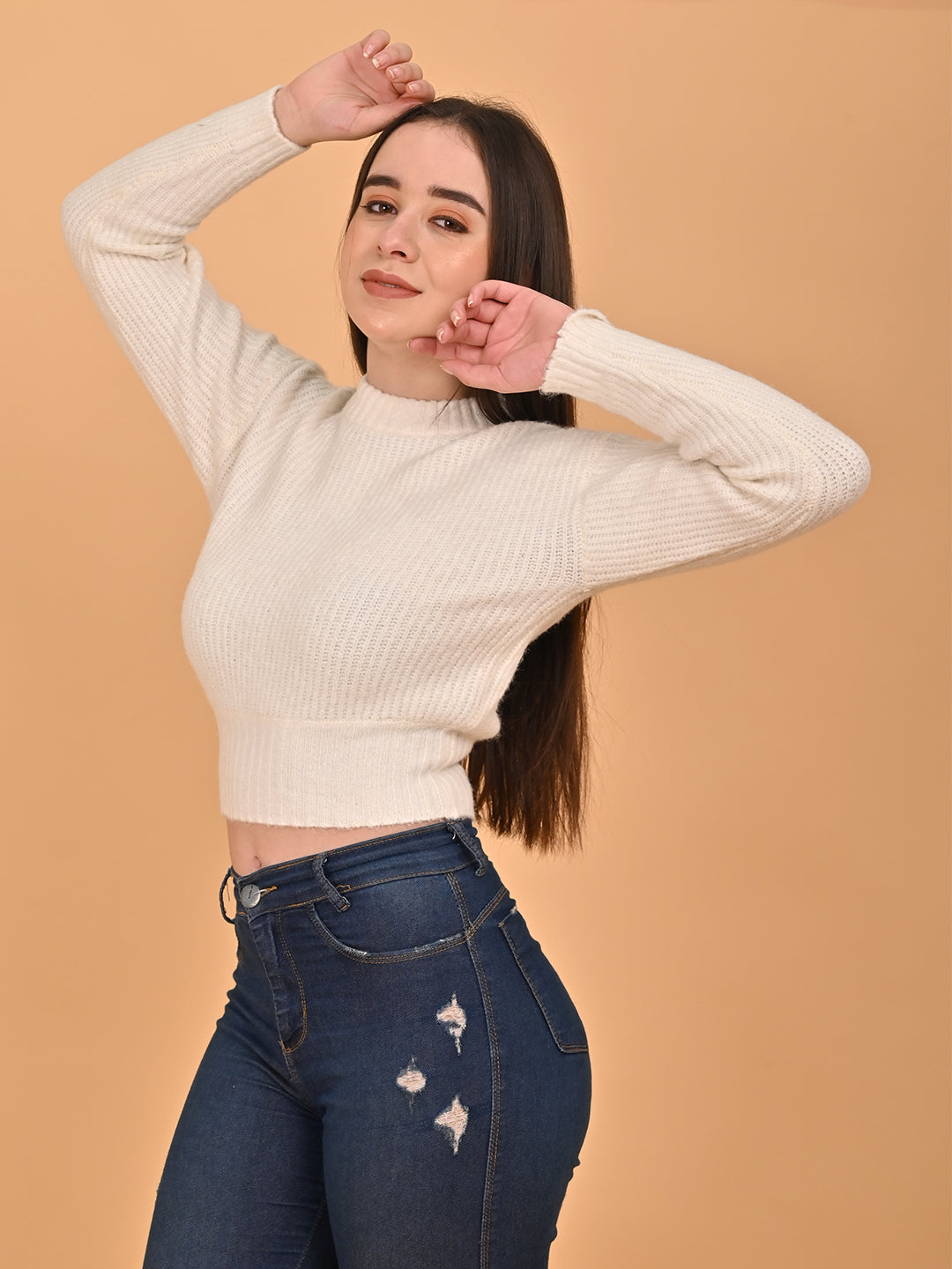 Women White Cropped Turtleneck Sweater