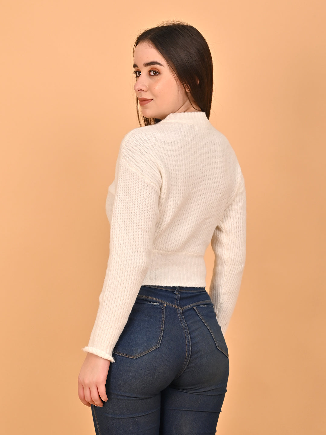 Women White Cropped Turtleneck Sweater