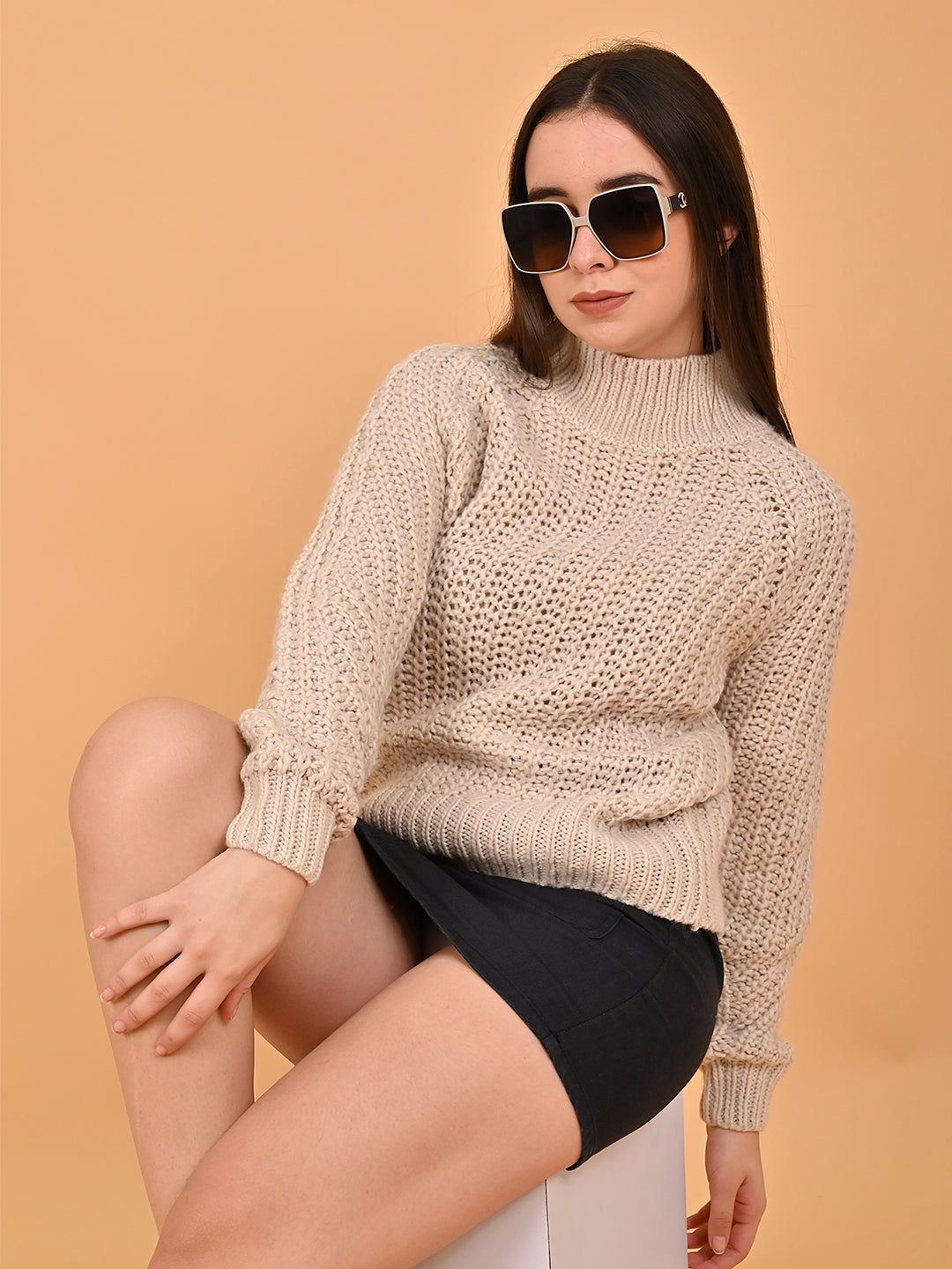 Women Beige Turtleneck Sweater