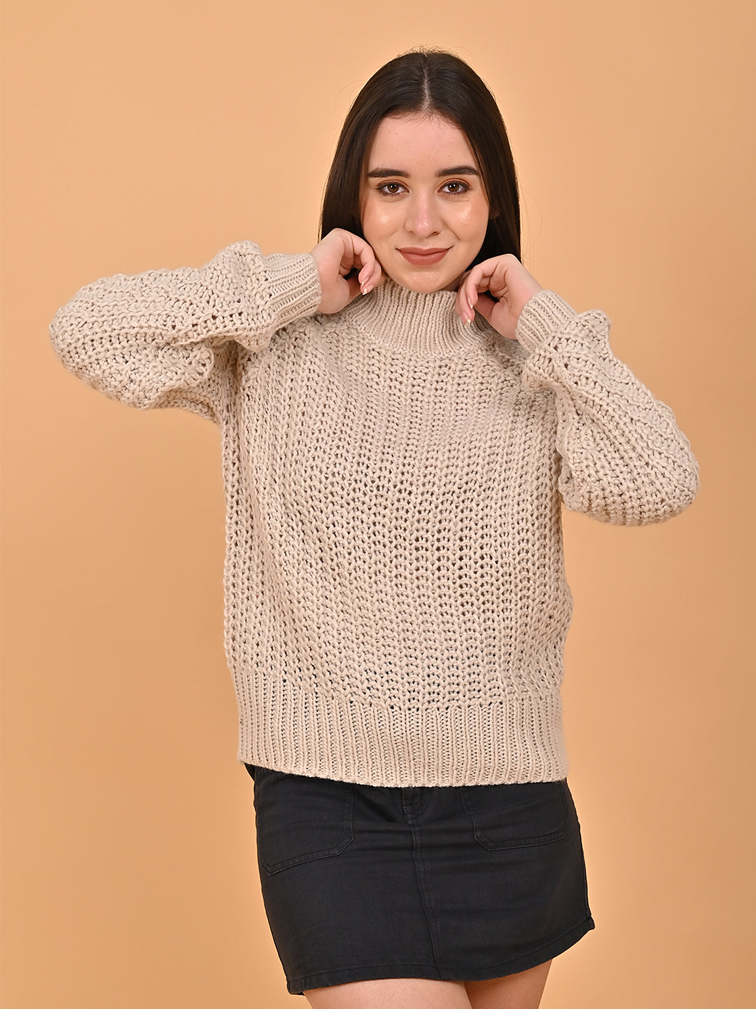 Women Beige Turtleneck Sweater