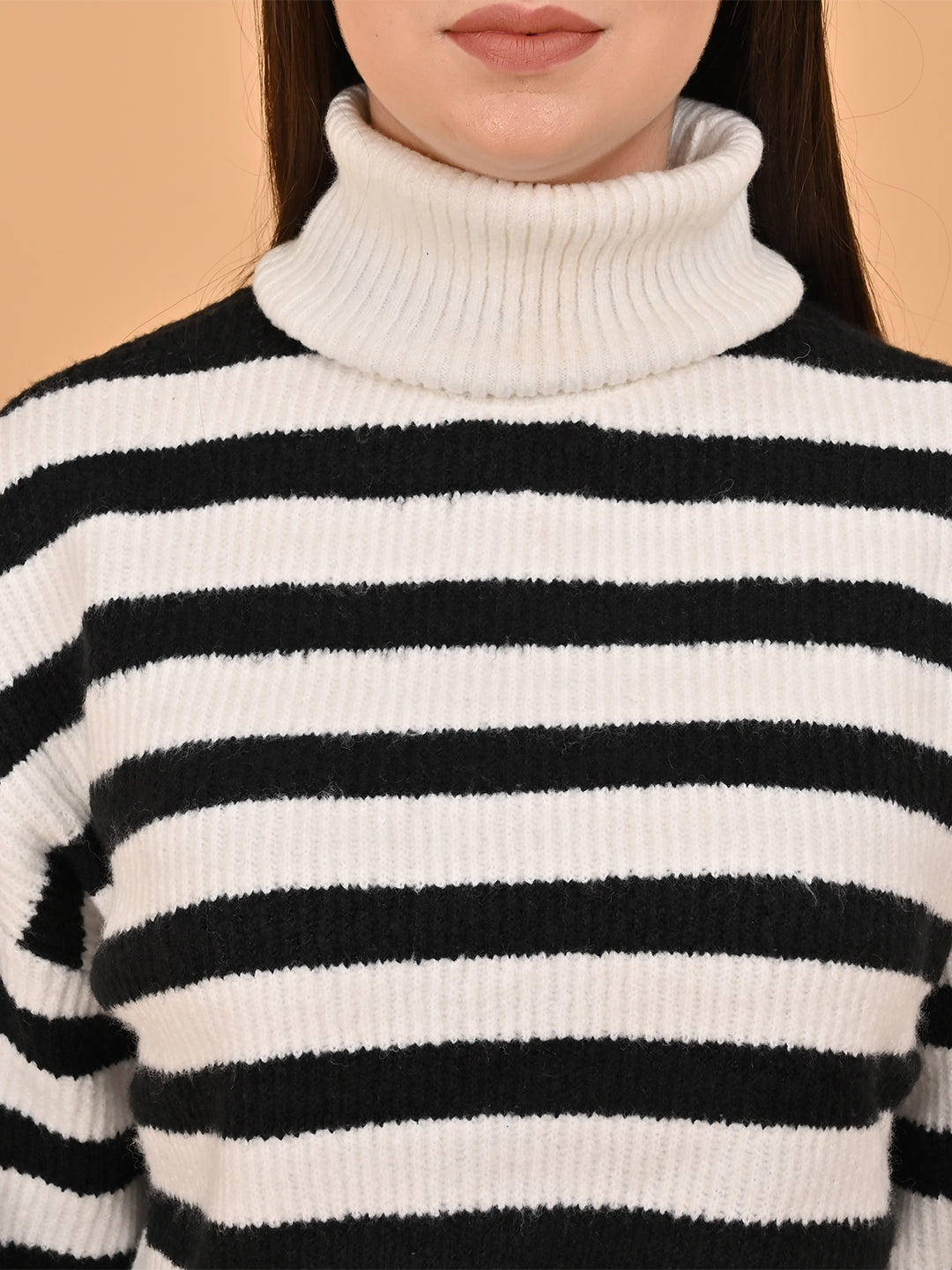 Women Black Striped Loose Drop Shoulder Sweater