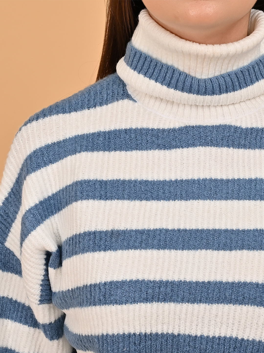 Women Blue Striped Loose Drop Shoulder Sweater