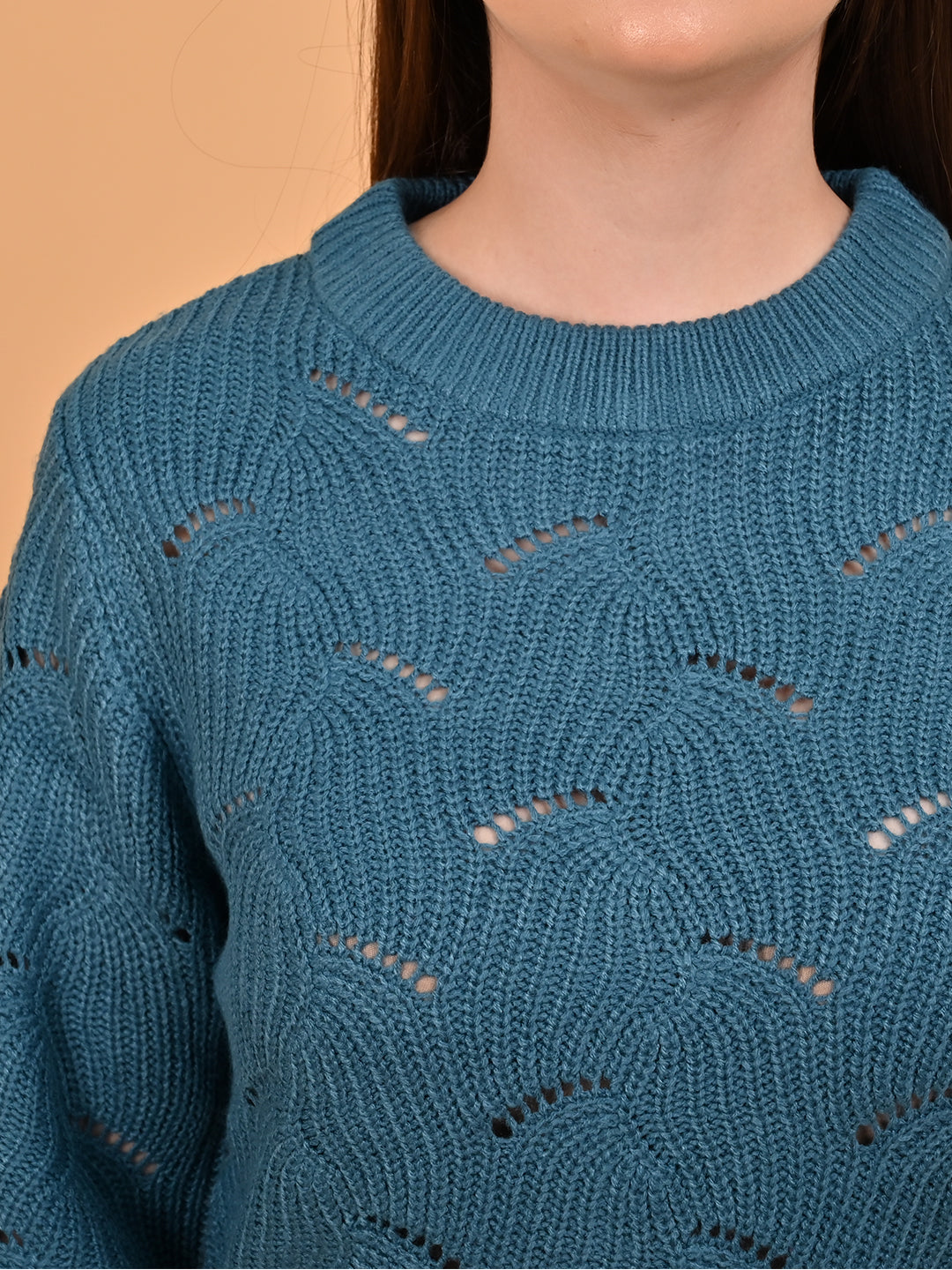 Women Blue Hollow Out Knit Sweater