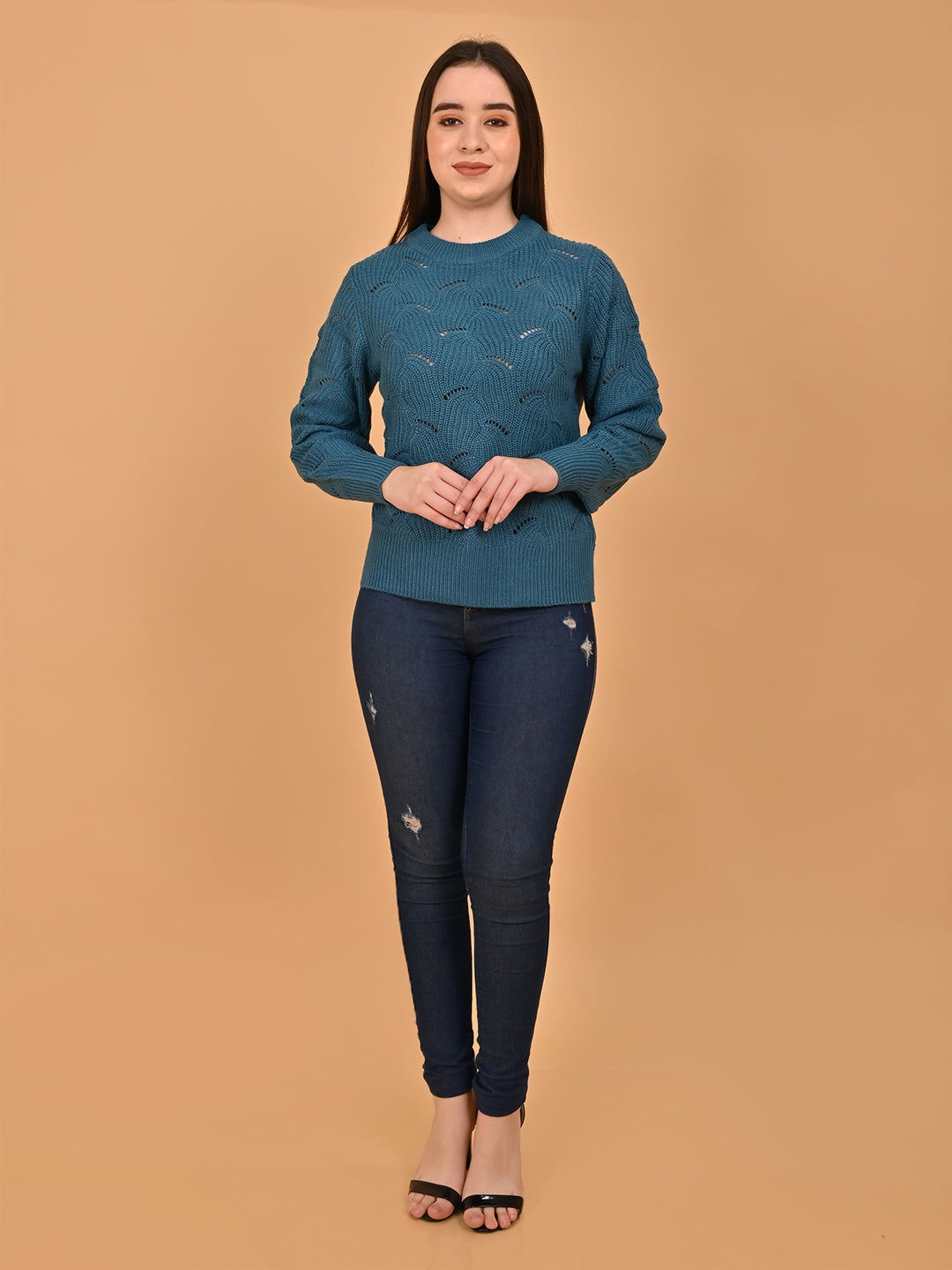 Women Blue Hollow Out Knit Sweater