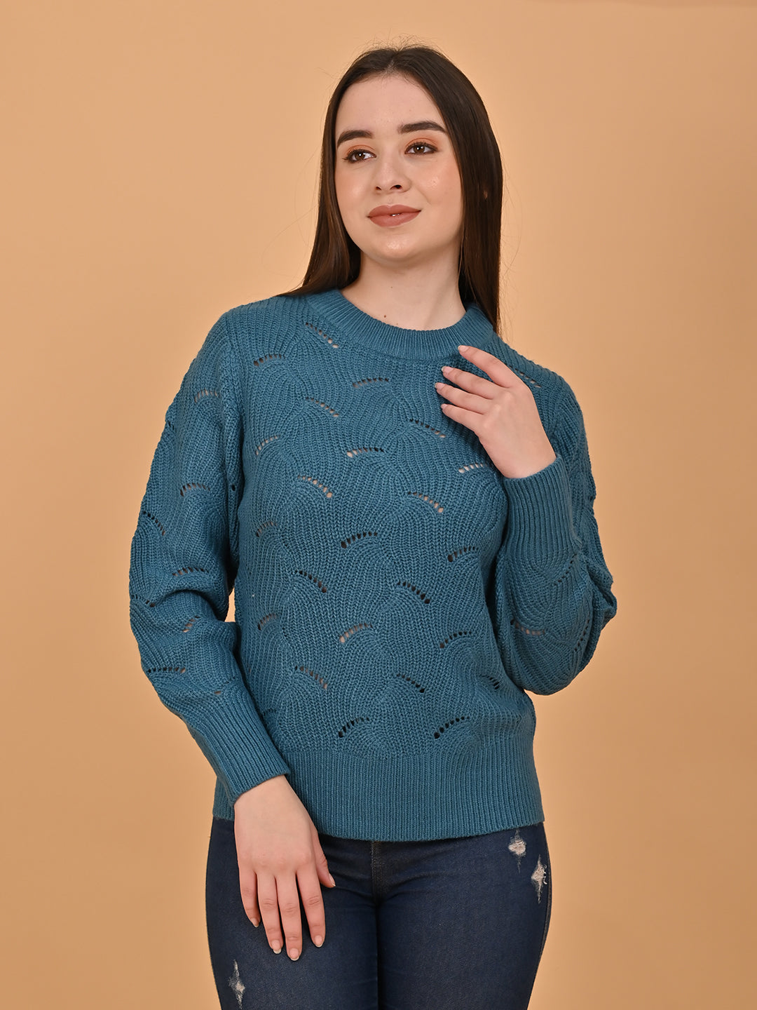 Women Blue Hollow Out Knit Sweater