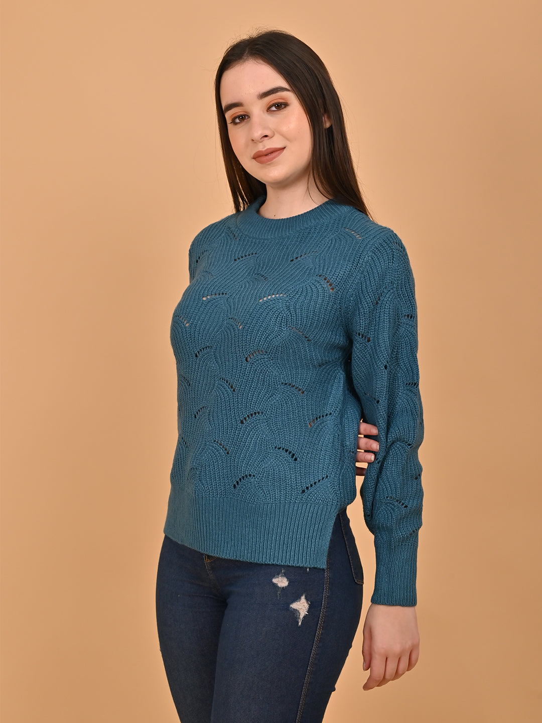 Women Blue Hollow Out Knit Sweater