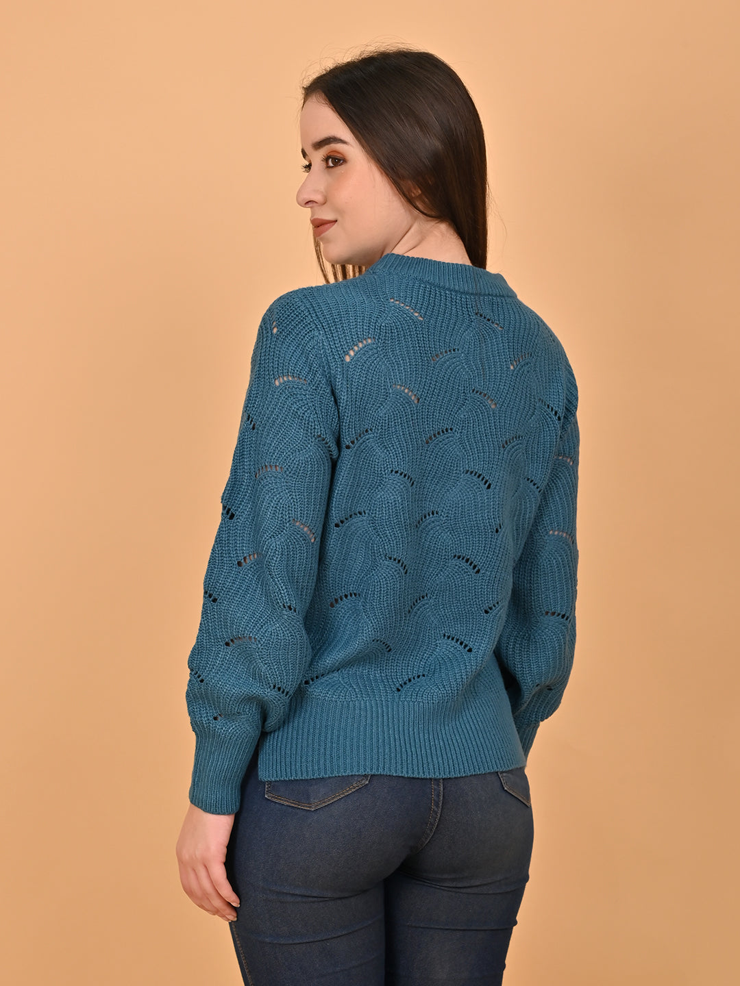 Women Blue Hollow Out Knit Sweater