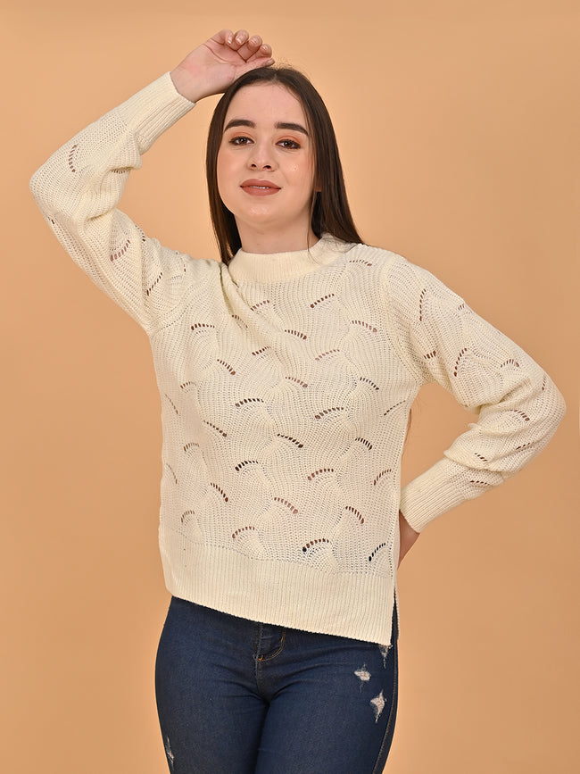 Women Orange Hollow Out Knit Sweater