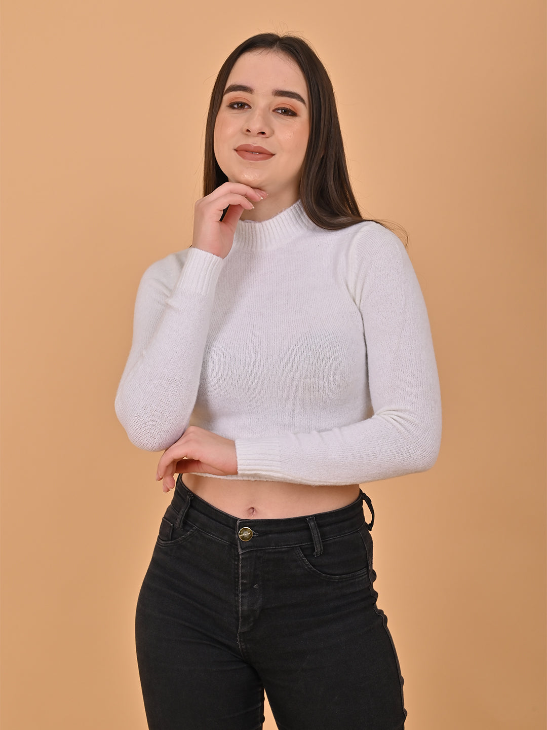 Women White Cropped Turtleneck Sweater