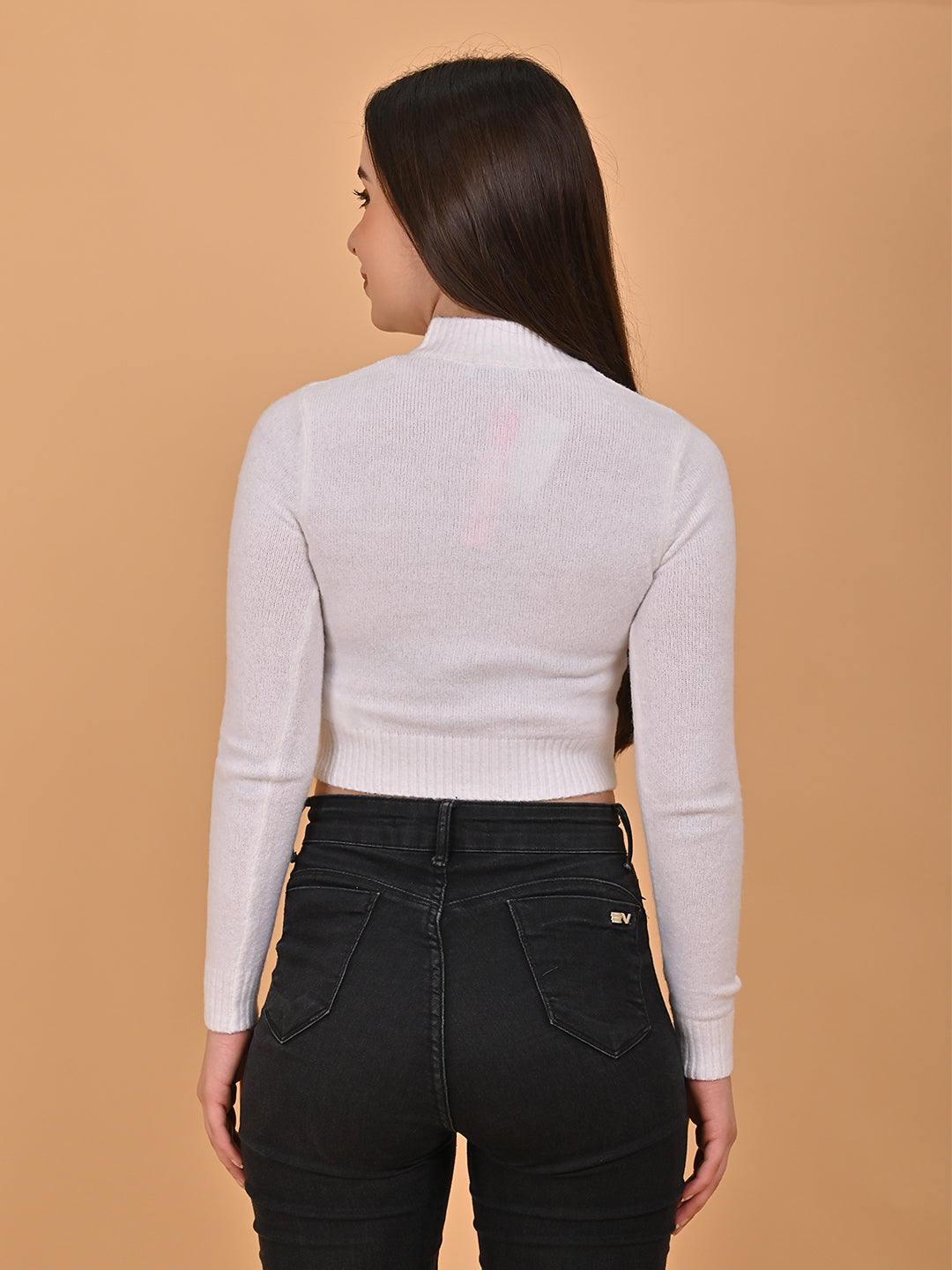 Women White Cropped Turtleneck Sweater