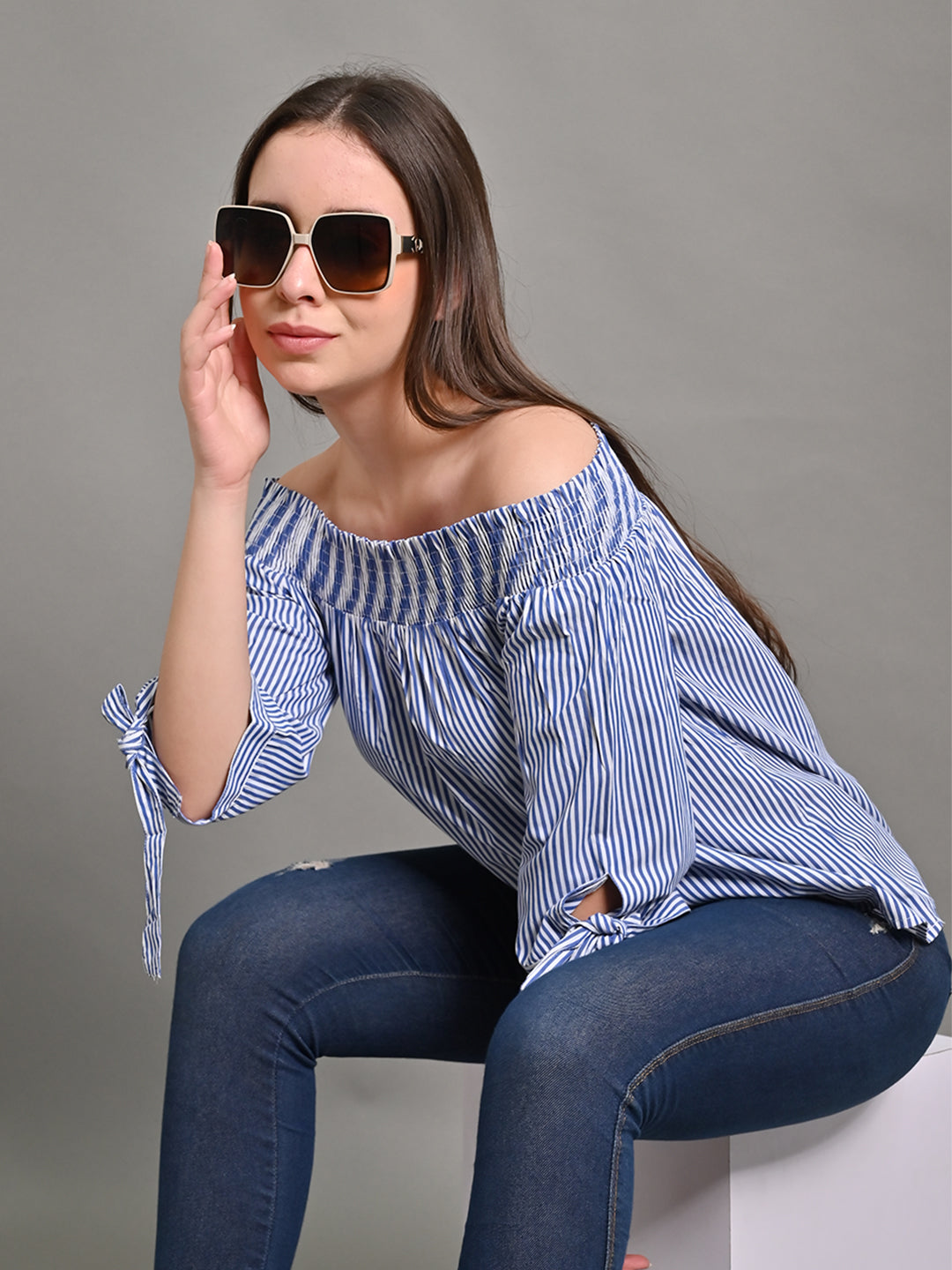 Women Light Blue Off Shoulder Top