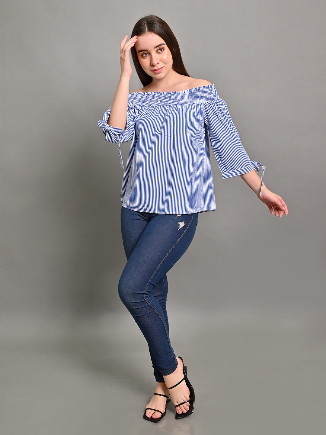 Women Light Blue Off Shoulder Top