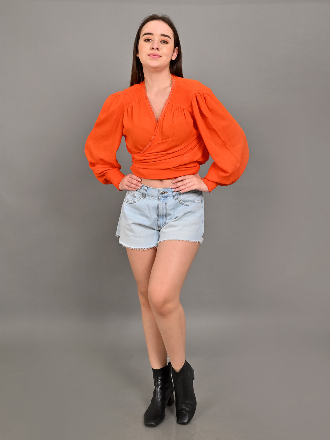 Women Orange Wrap V Neck Top