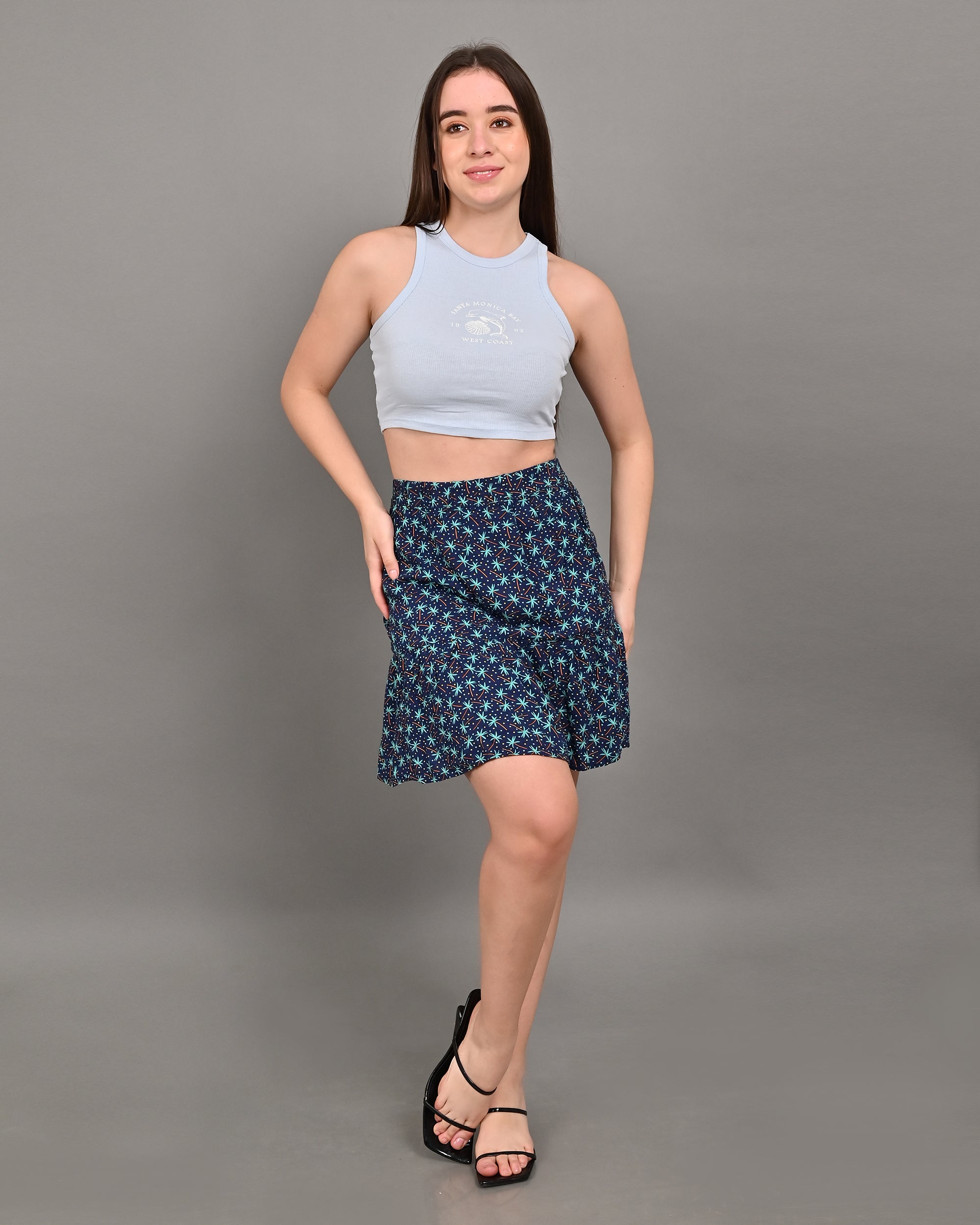Women Navy Floral A Line Mini Skirt