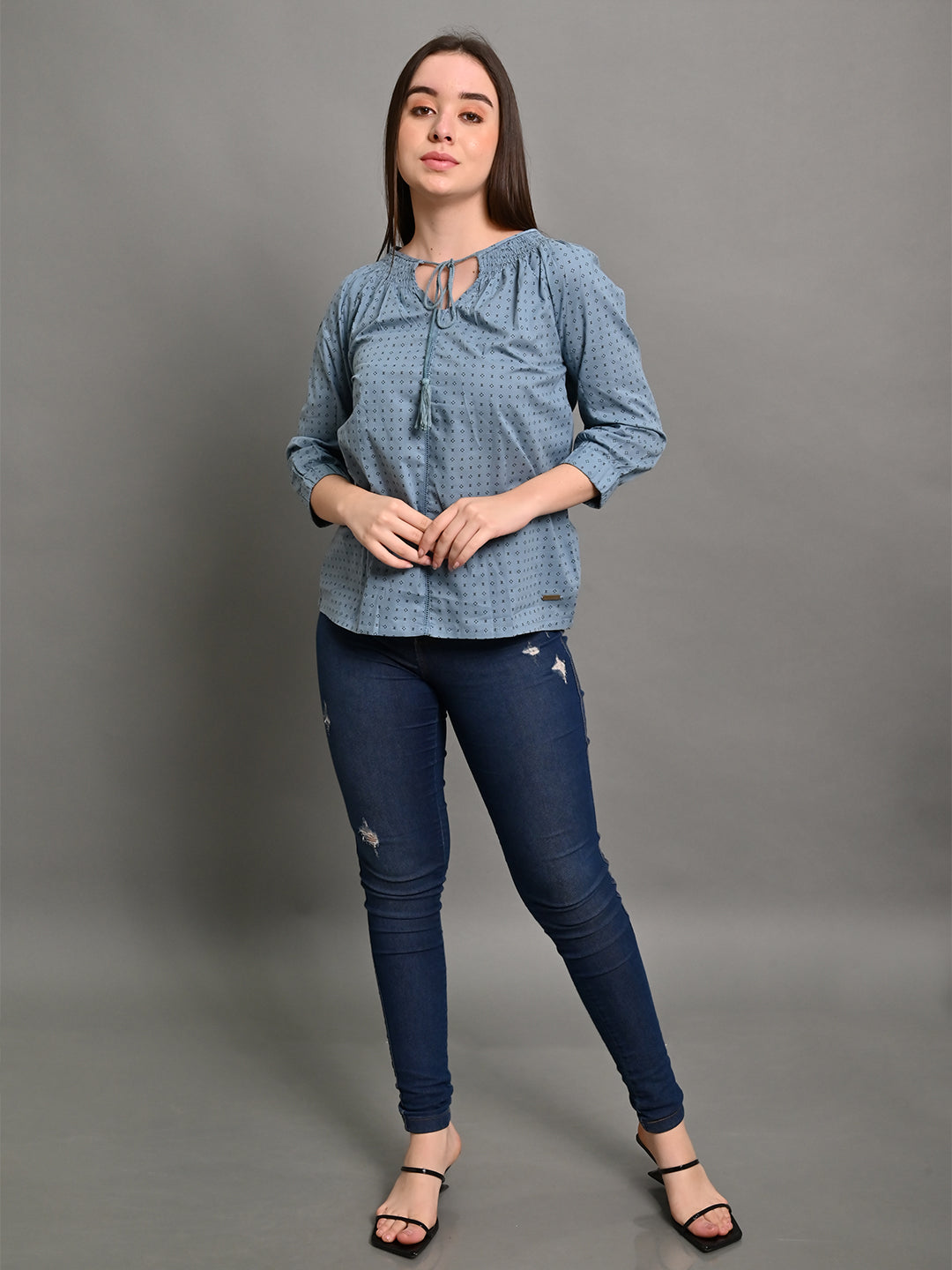 Women Light Blue Round Neck Top