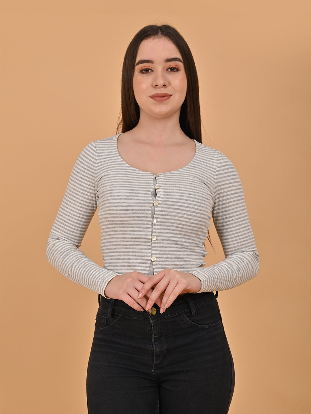 Women White Striped Button Top