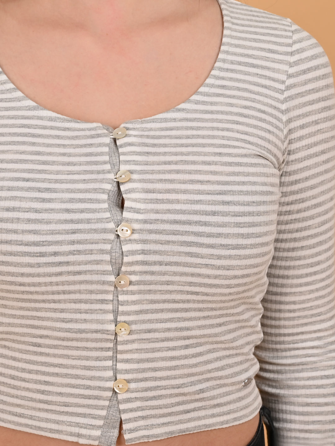 Women White Striped Button Top