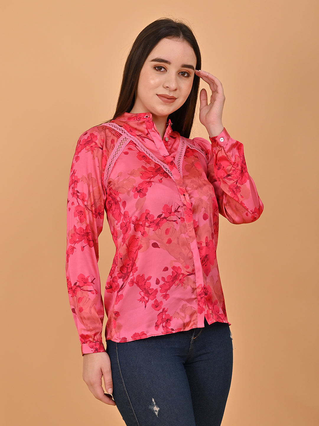 Women Red Floral Lace Shirt