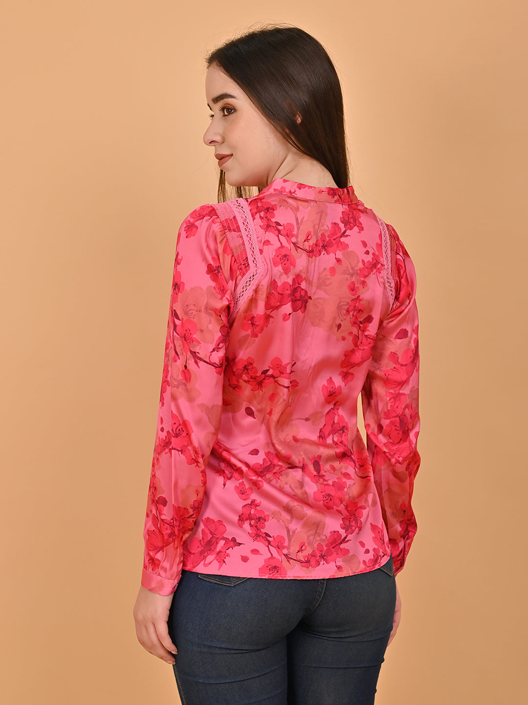 Women Red Floral Lace Shirt