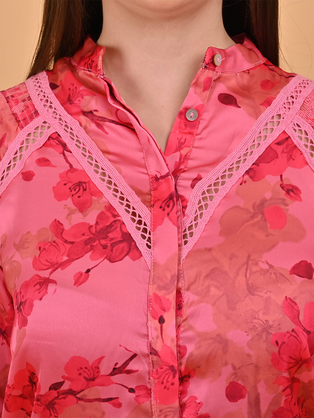 Women Red Floral Lace Shirt