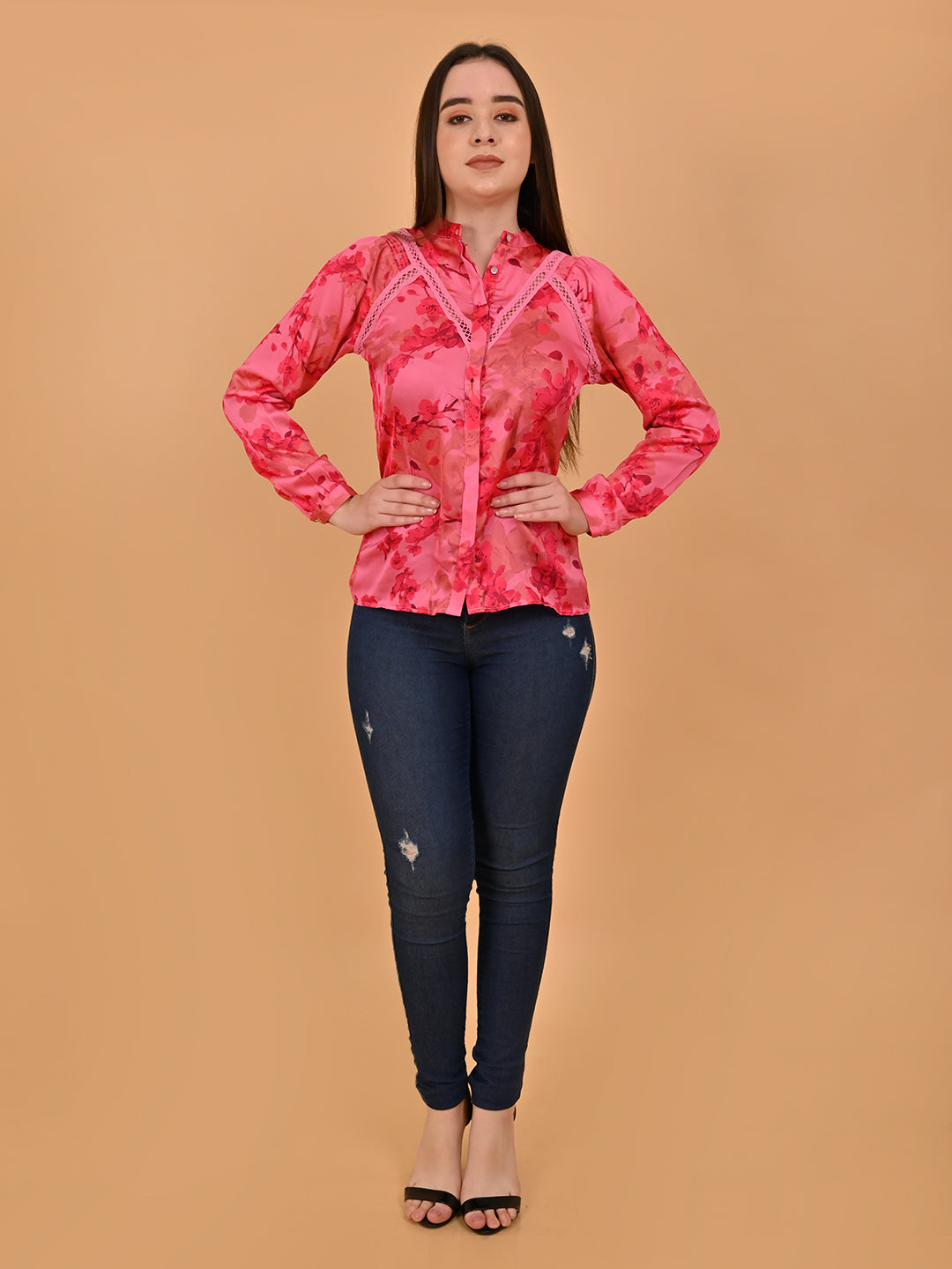 Women Red Floral Lace Shirt