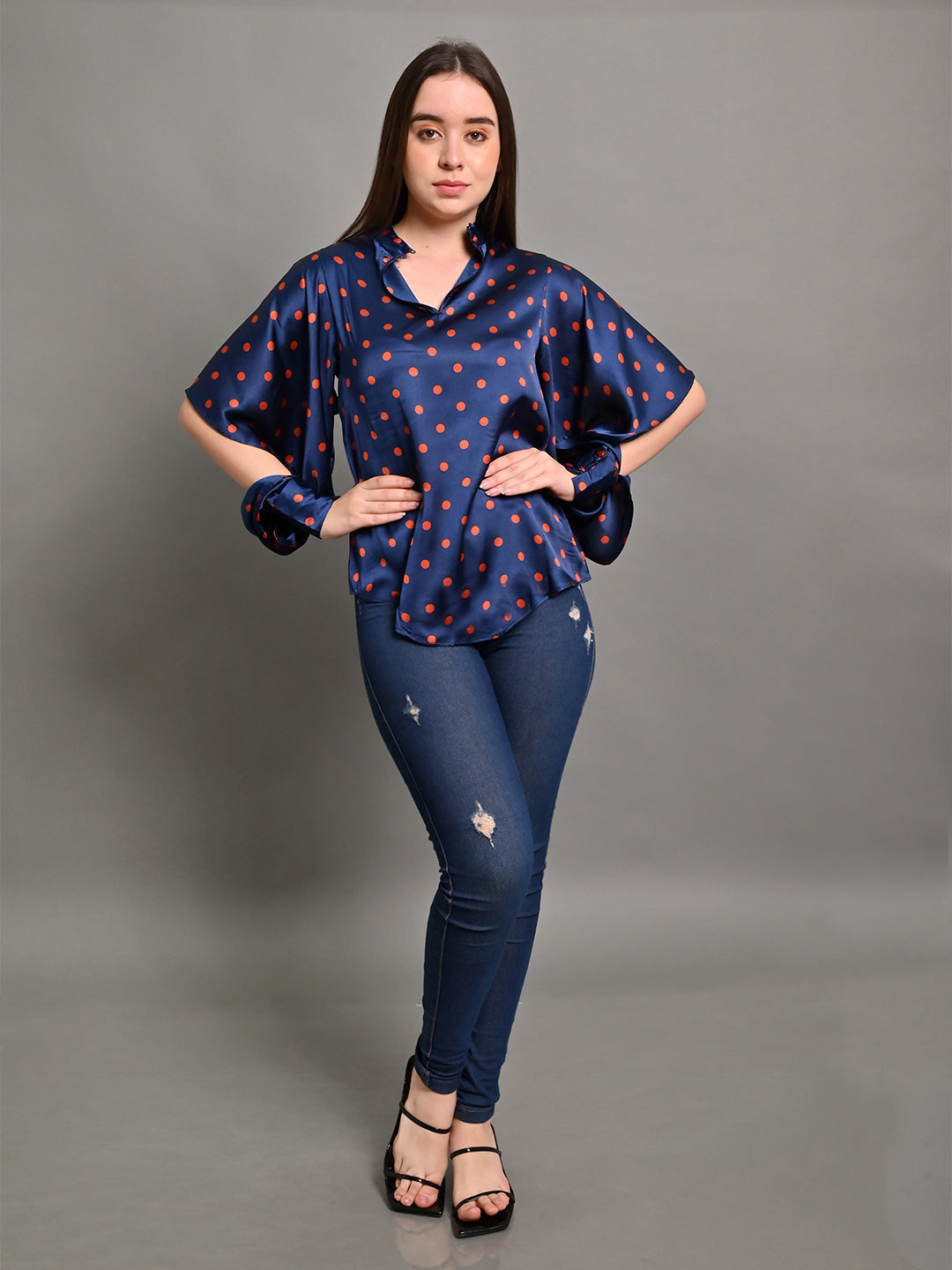 Women Navy Polka Dot V Neck Top