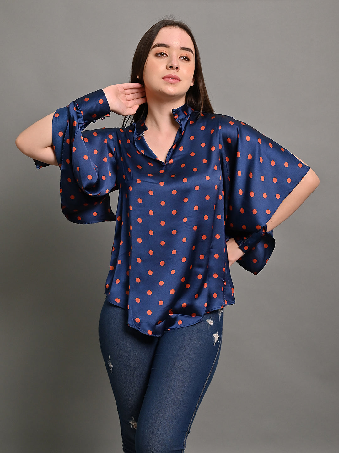 Women Navy Polka Dot V Neck Top