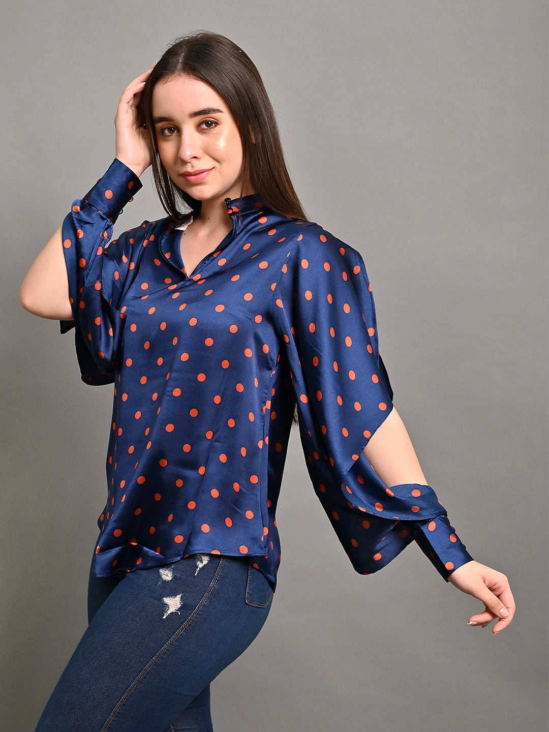 Women Navy Polka Dot V Neck Top