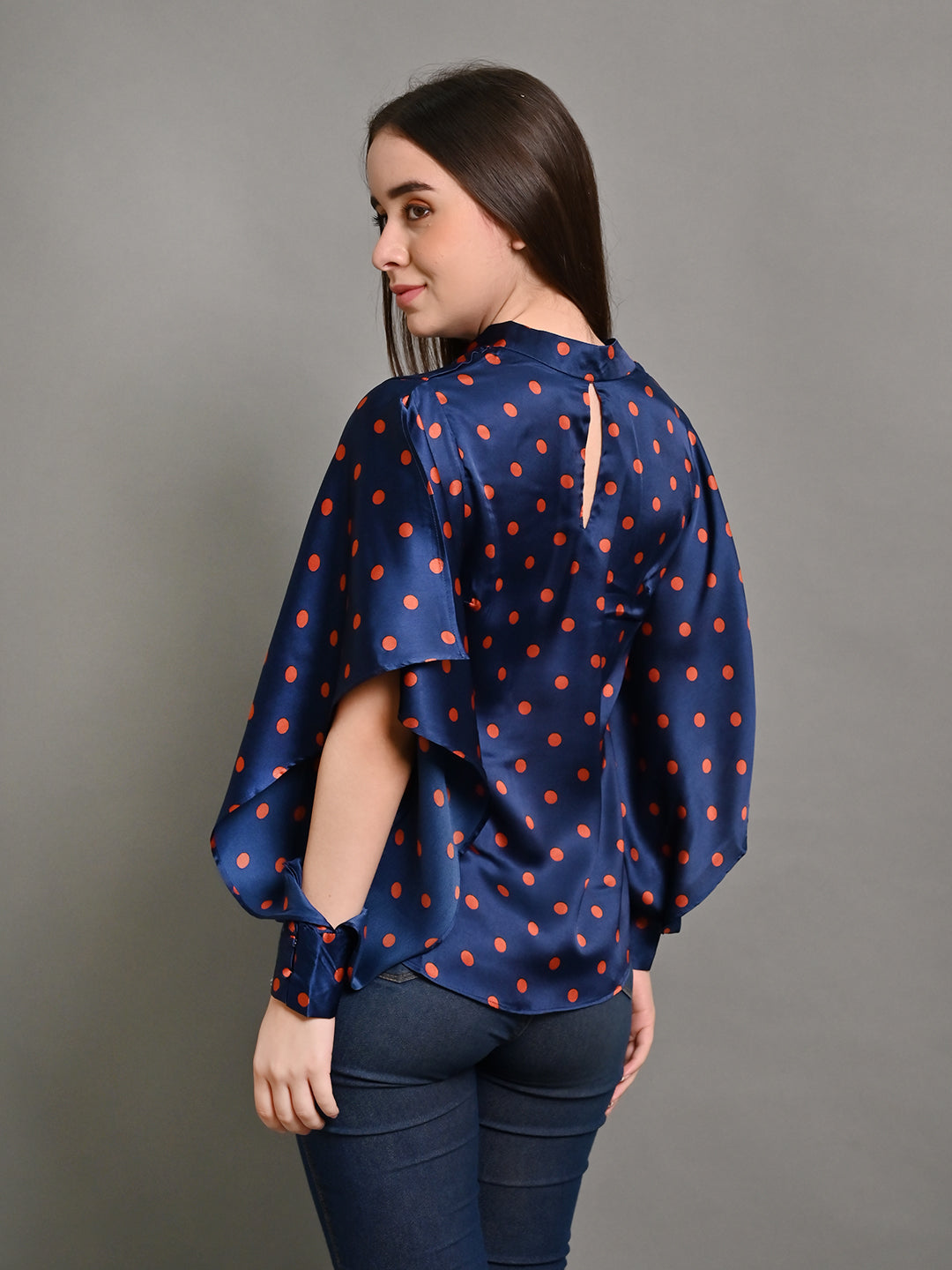 Women Navy Polka Dot V Neck Top