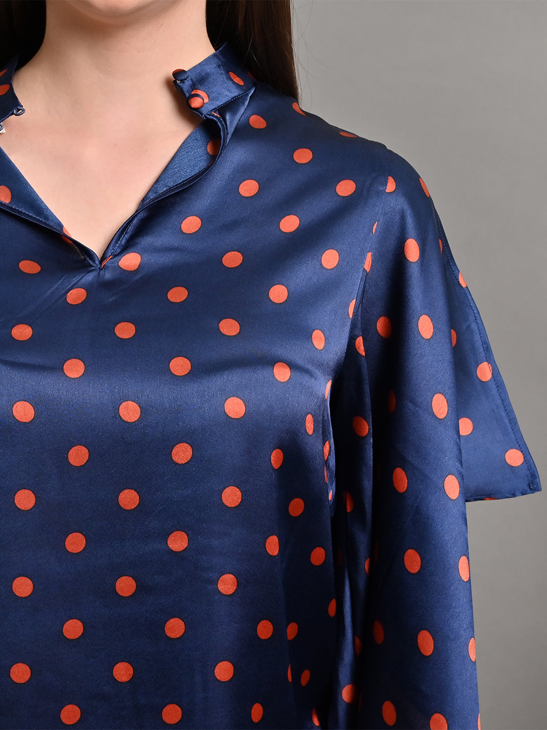 Women Navy Polka Dot V Neck Top