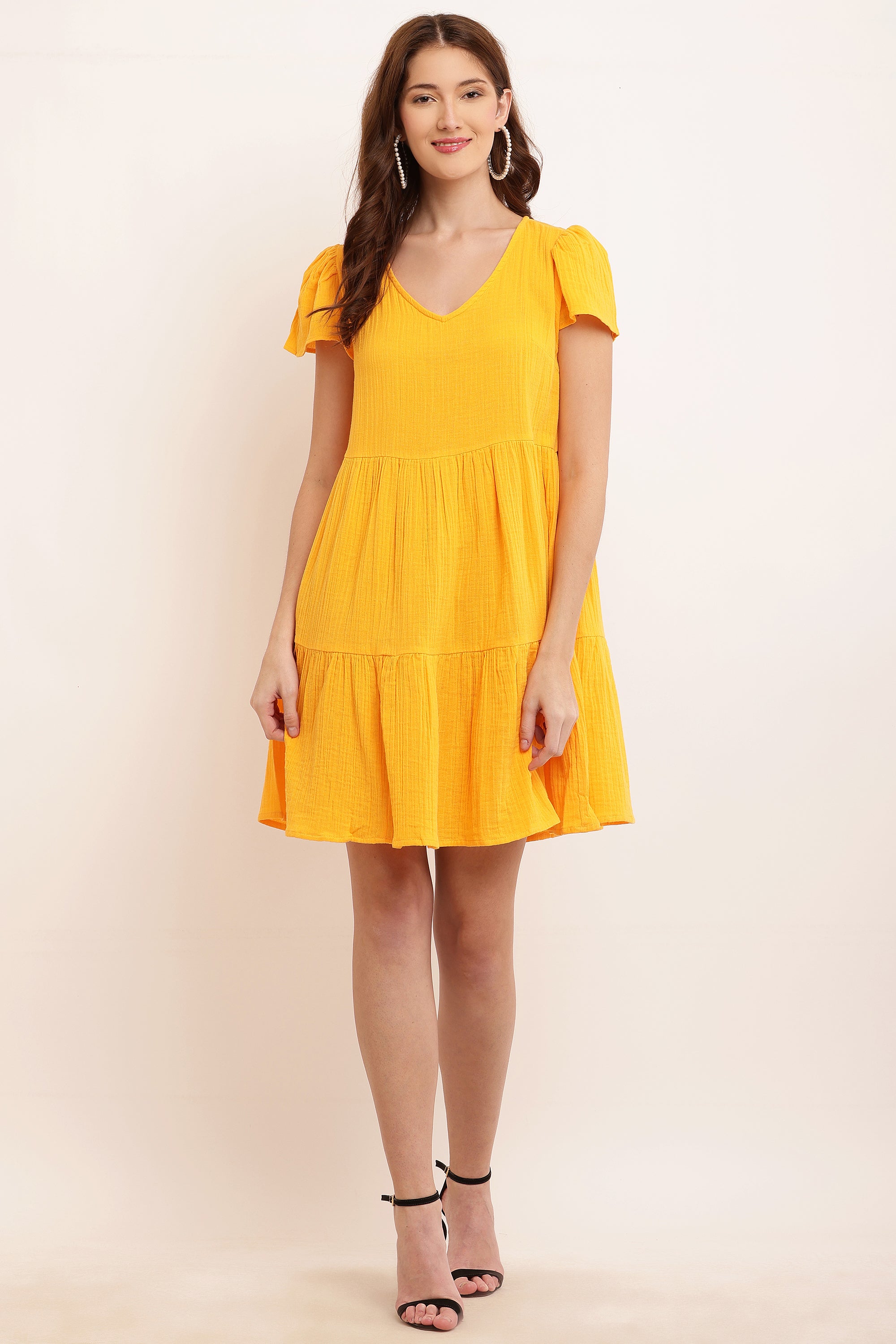 Women Yellow Puff Sleeve Dress