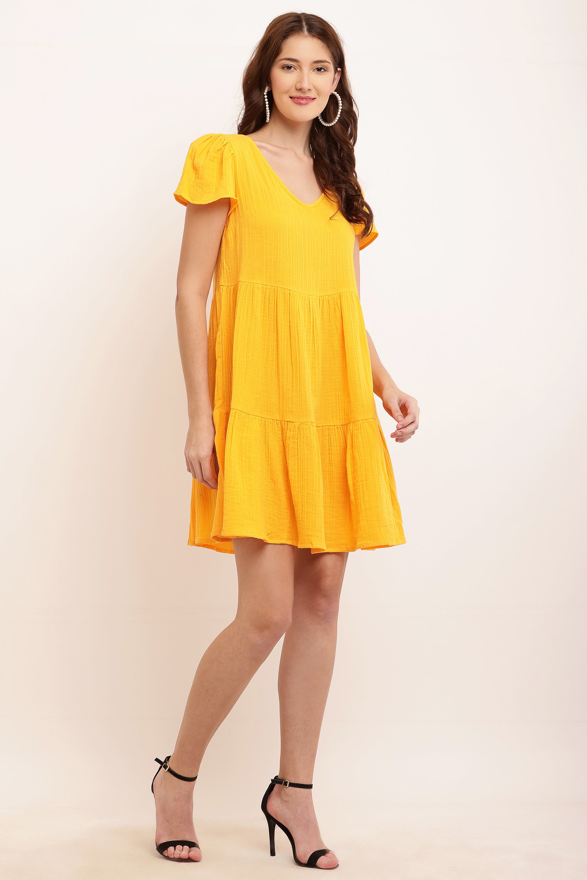 Women Yellow Puff Sleeve Dress