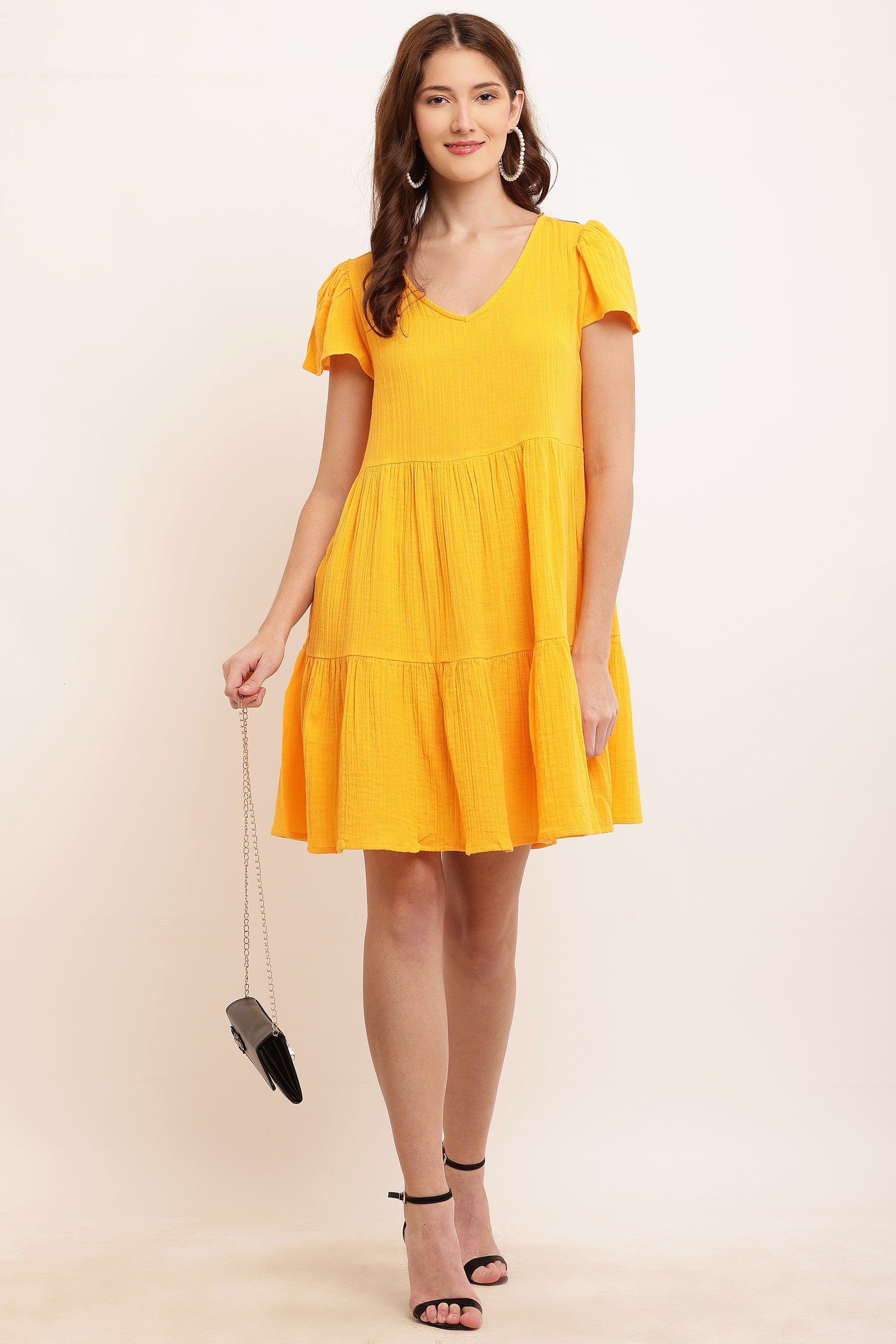 Women Yellow Puff Sleeve Dress