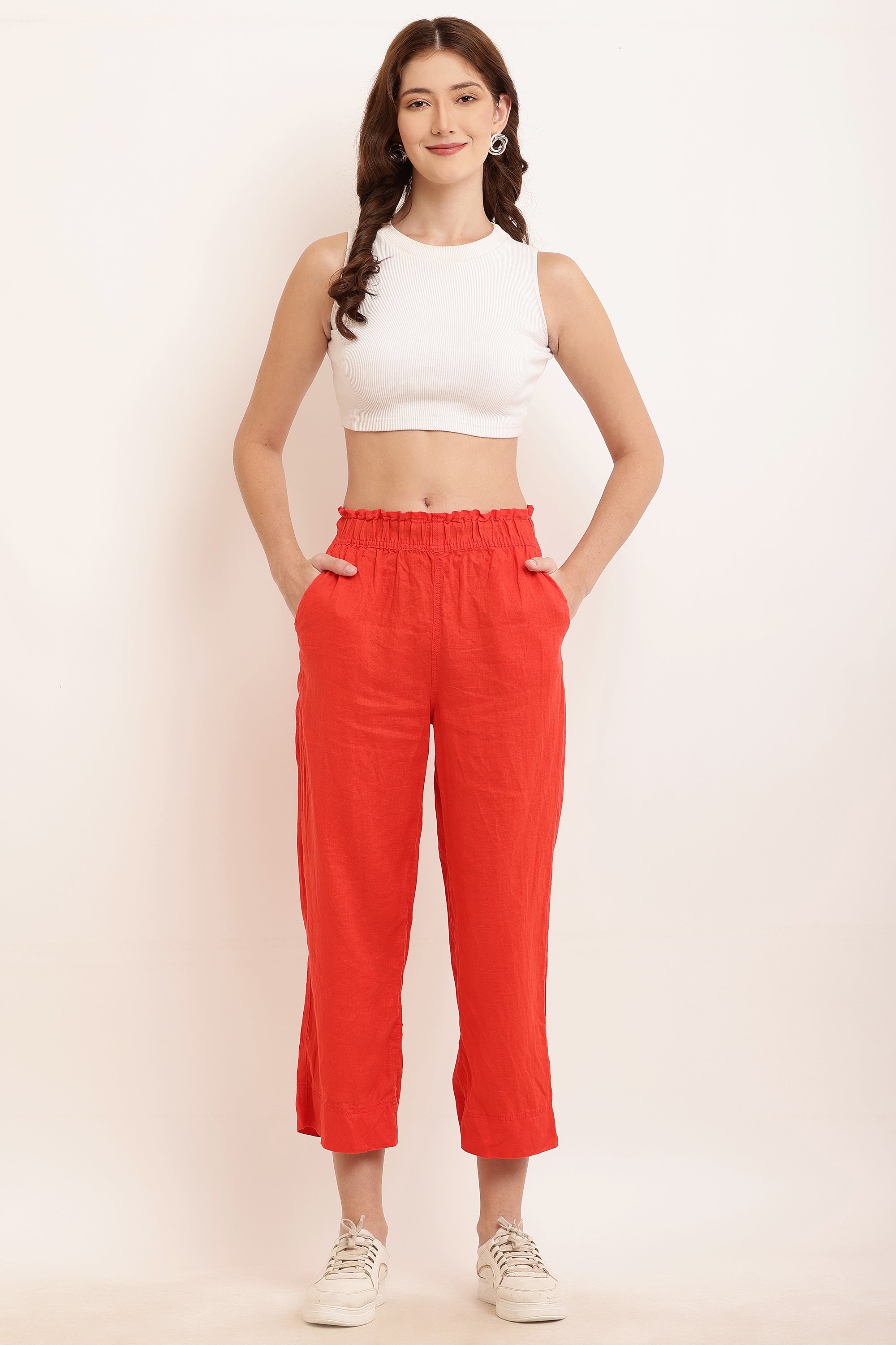 Women Red Ankle Length Pants