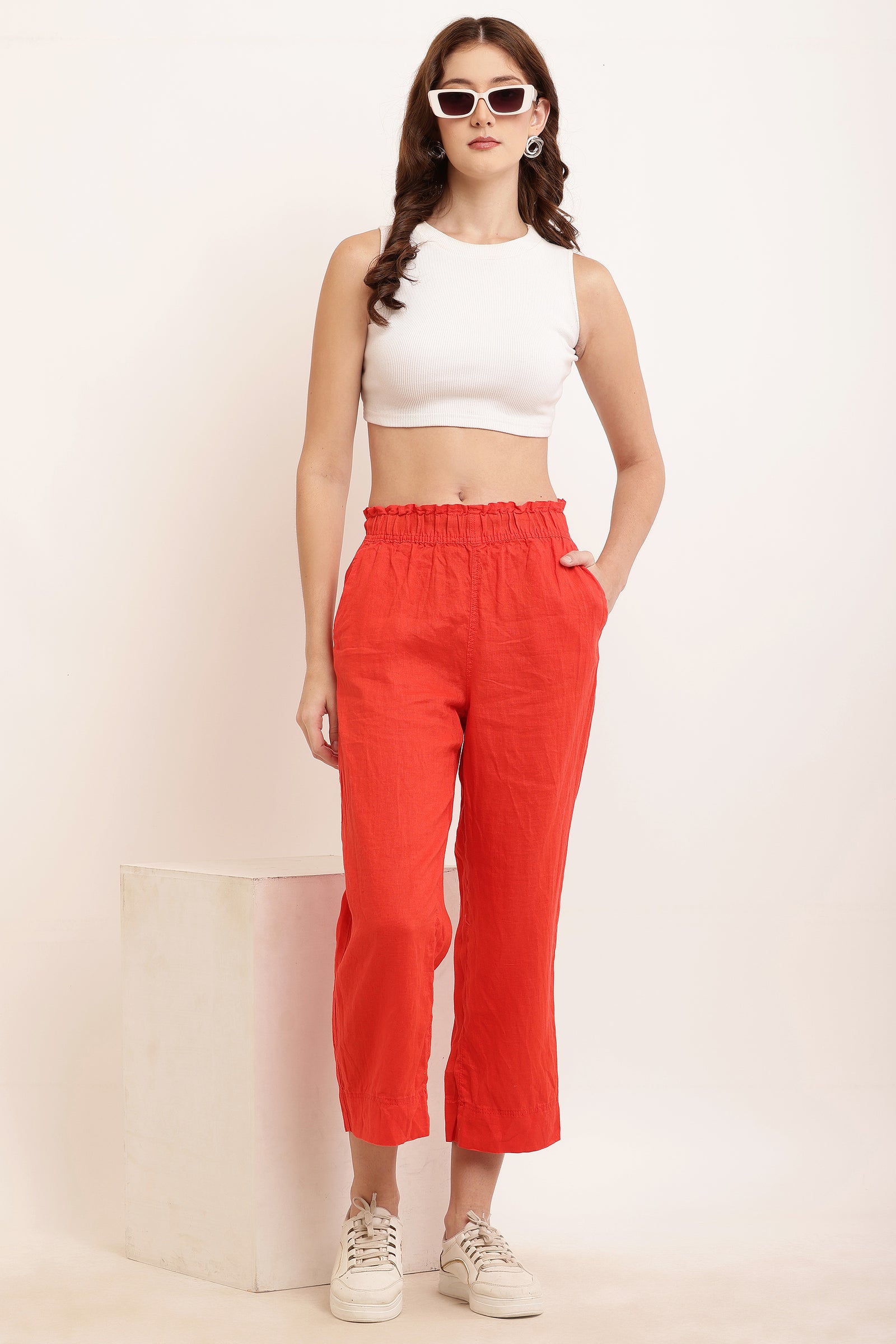 Women Red Ankle Length Pants