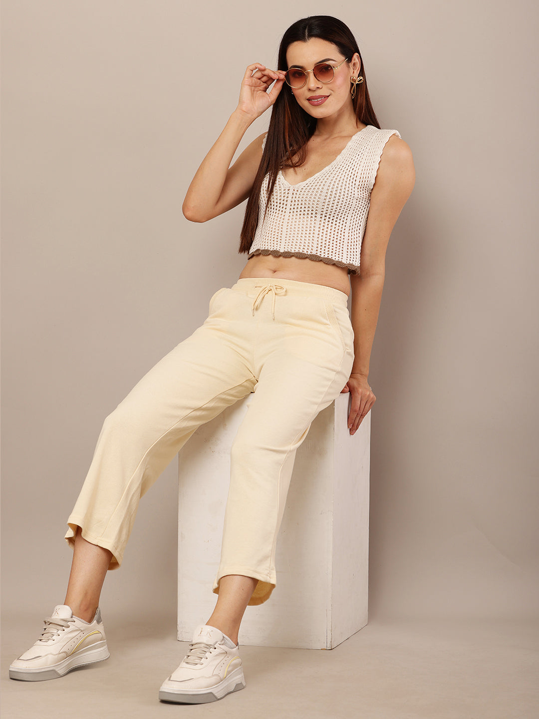 Women Cream Stretch Pants