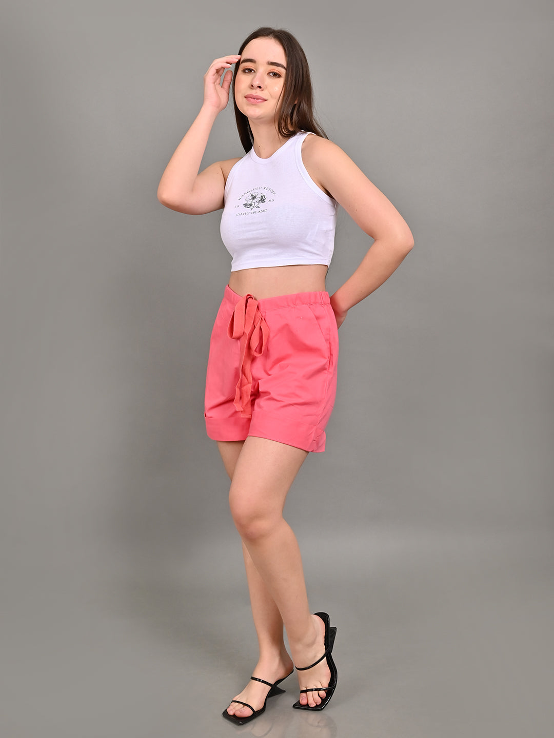 Women Dark Pink Elastic Waist Shorts