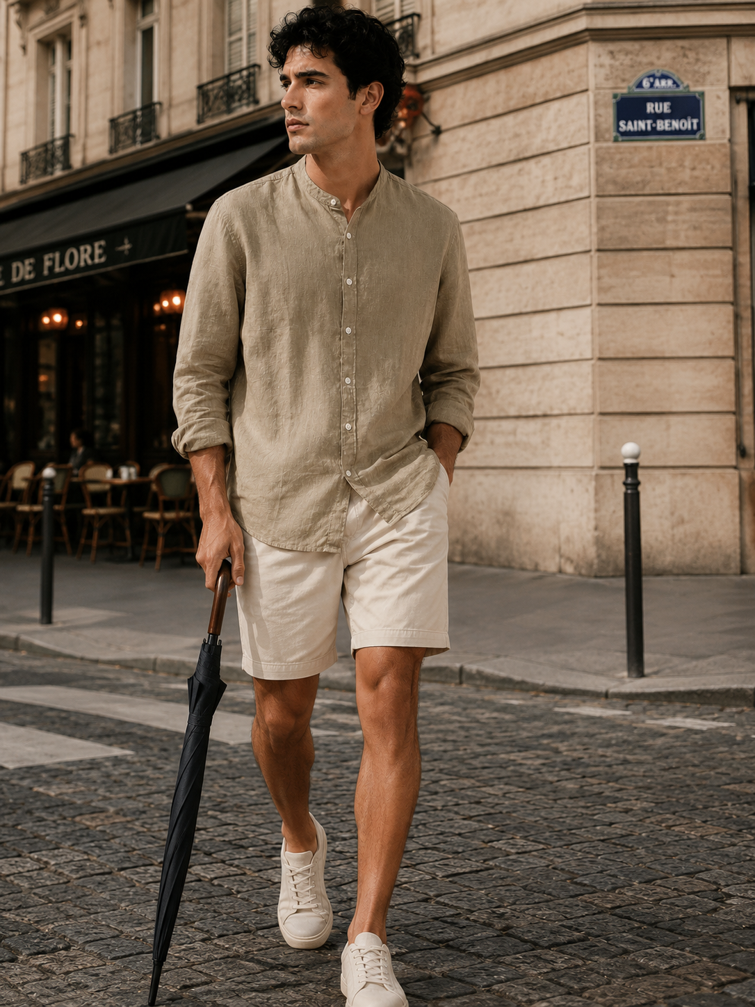 Men Khaki Linen Band Collar Shirt