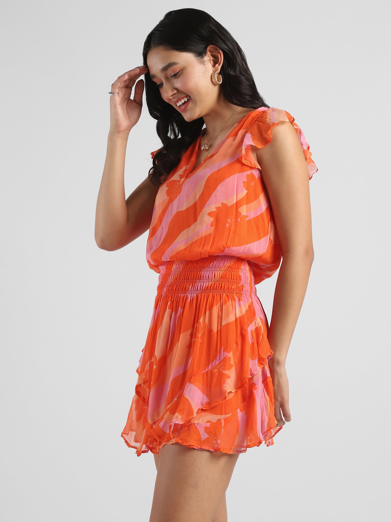 Women Orange Printed Dress with bottom frill