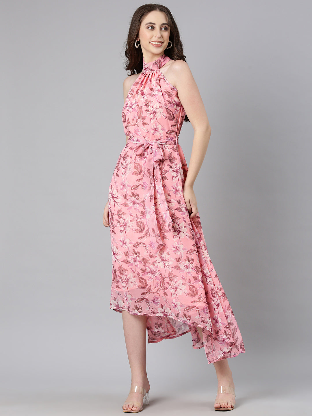 Women Peach Floral Chiffon Dress