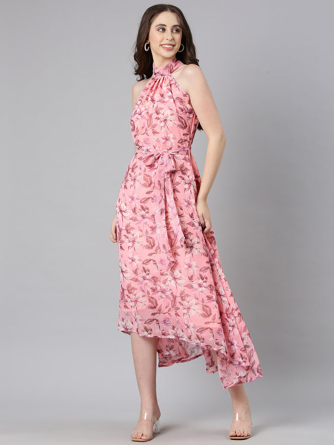 Women Peach Floral Chiffon Dress