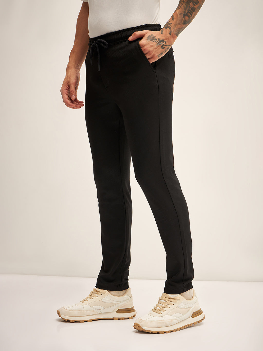 Men Black Solid 4 Way Stretch Formal Trouser